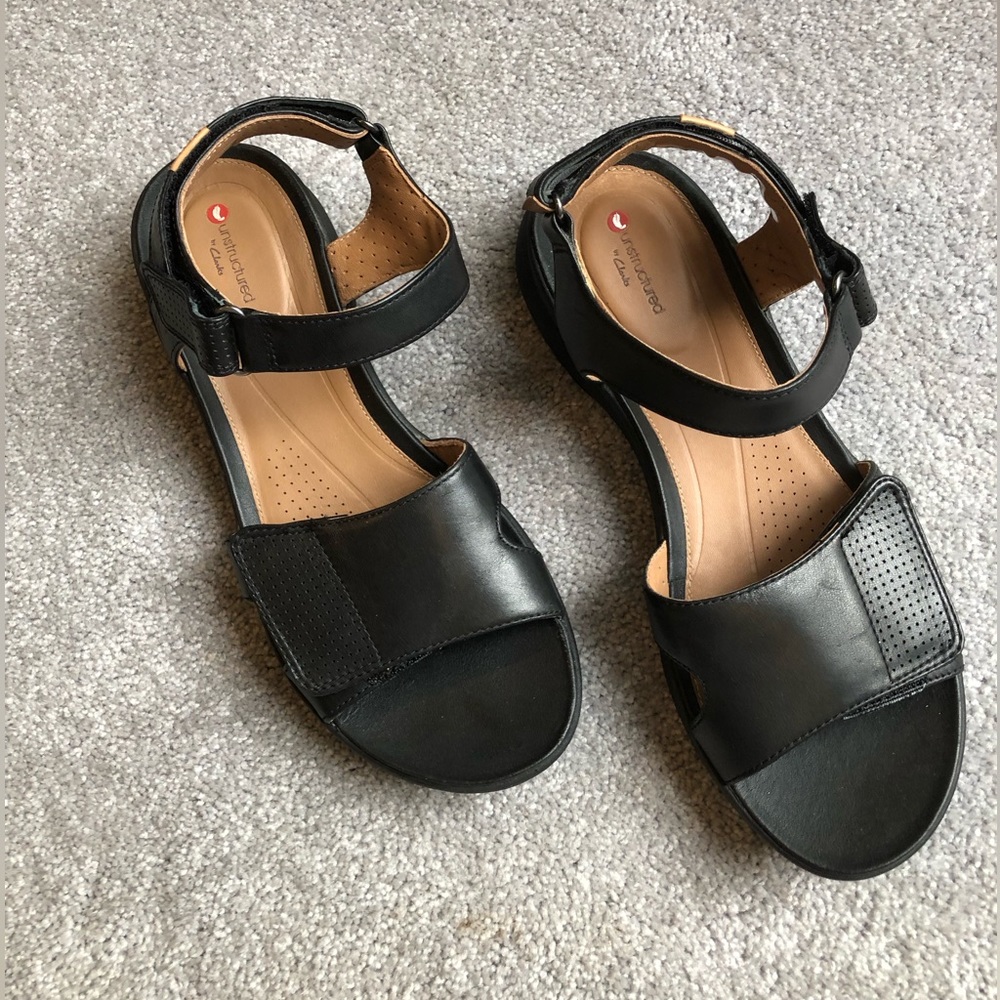 New never worn Clarks black leather sandals. Non slip rubber soles 8 1/2 wide
